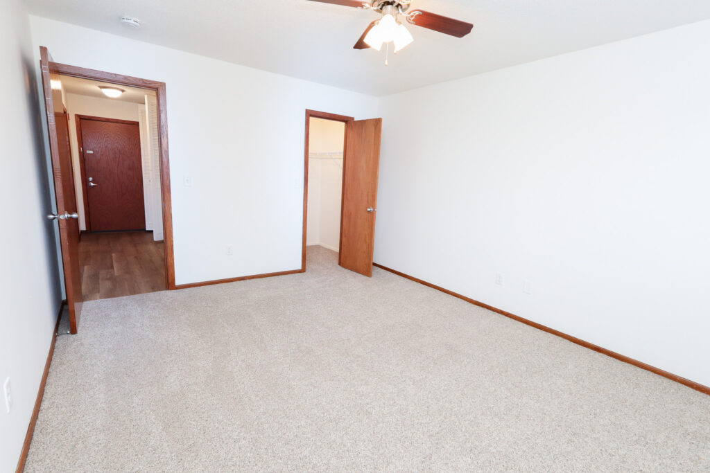 unfurnished room with carpet and ceiling fan